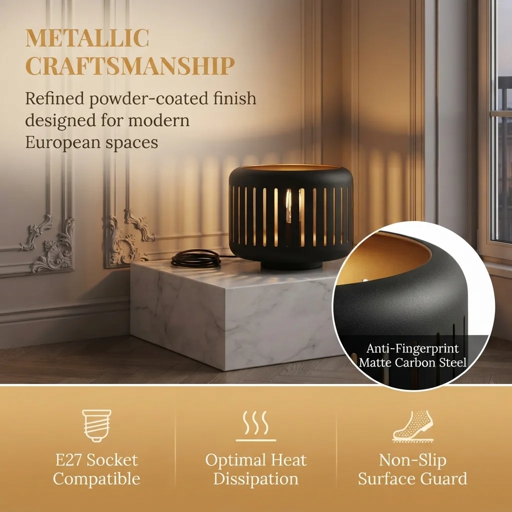 Modern Cutout Metal Table Lamp Matte Black & Gold Inner E27 AC230V EU Plug Industrial Ambient Bedside Desk Light