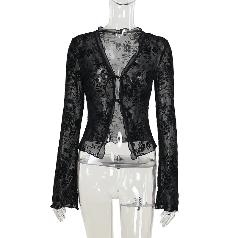 

Women's Lace Hollow Out Shirts 2026 Spring Summer Chiffon Blouse Elegant Tweed Style Slim Fit Ruffled Flare Sleeve Shirts Top