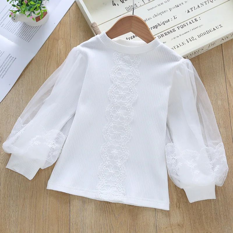 New Arrived Spring Autumn Children Clothing Solid Girls Clothes 3-10year students white clothes lace shirt