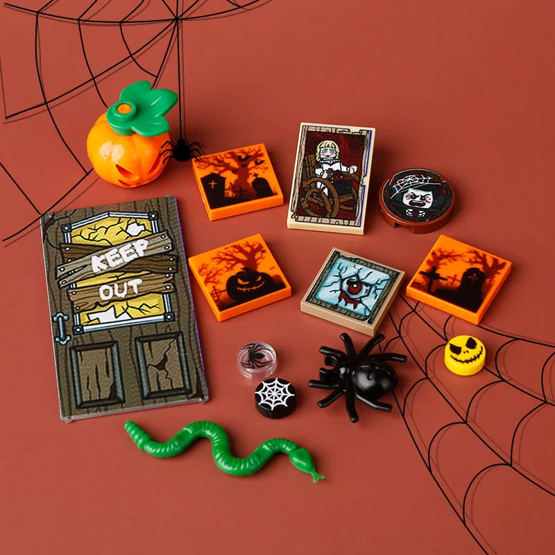 MOC City Halloween Tiles Printed Building Blocks Street View Ghost Pumpkin Skeleton Christmas Gifts Elk Accessories Bricks Toys