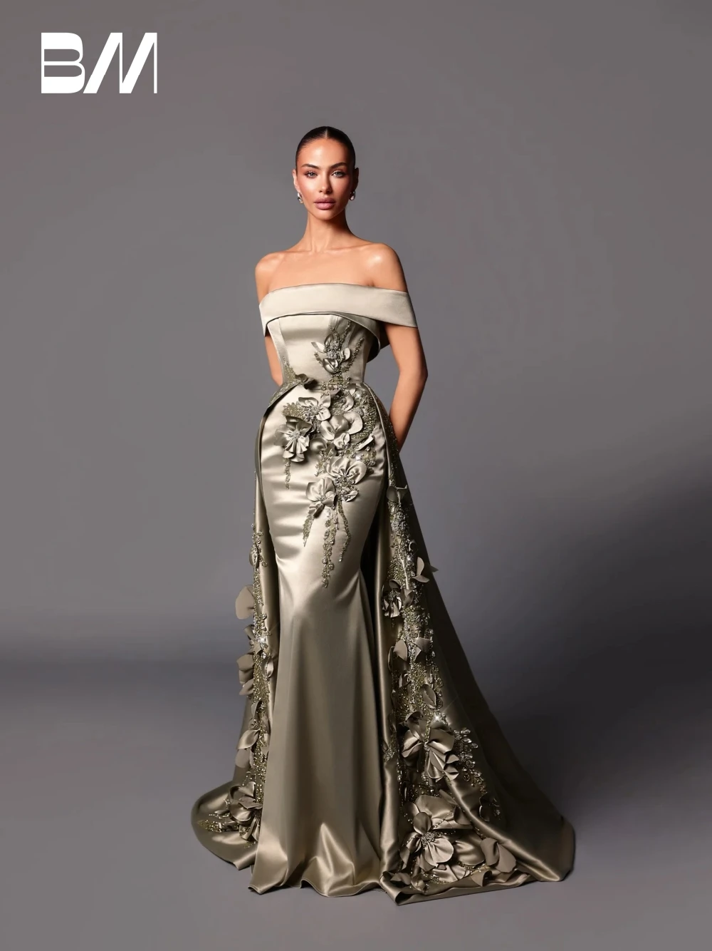 

Intricate Olive Green Satin Evening Dress Charming 3D Appliques Beading Cocktail Customized Elegant Party Birthday Prom Gown