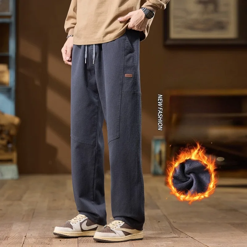 

Повседневные брюки, мужские флисовые зимние свободные прямые модные утолщенные бархатные брюки на шнурке, теплые удобные мужские плюшевые брюки