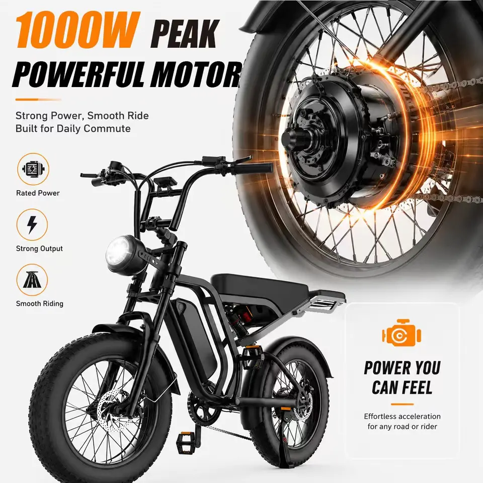 1000W Peak Electric Bike 20" Fat Tire Dual Suspension Detachable Rear Seat 330LBS Load E-Bike Adults Commuter image 7