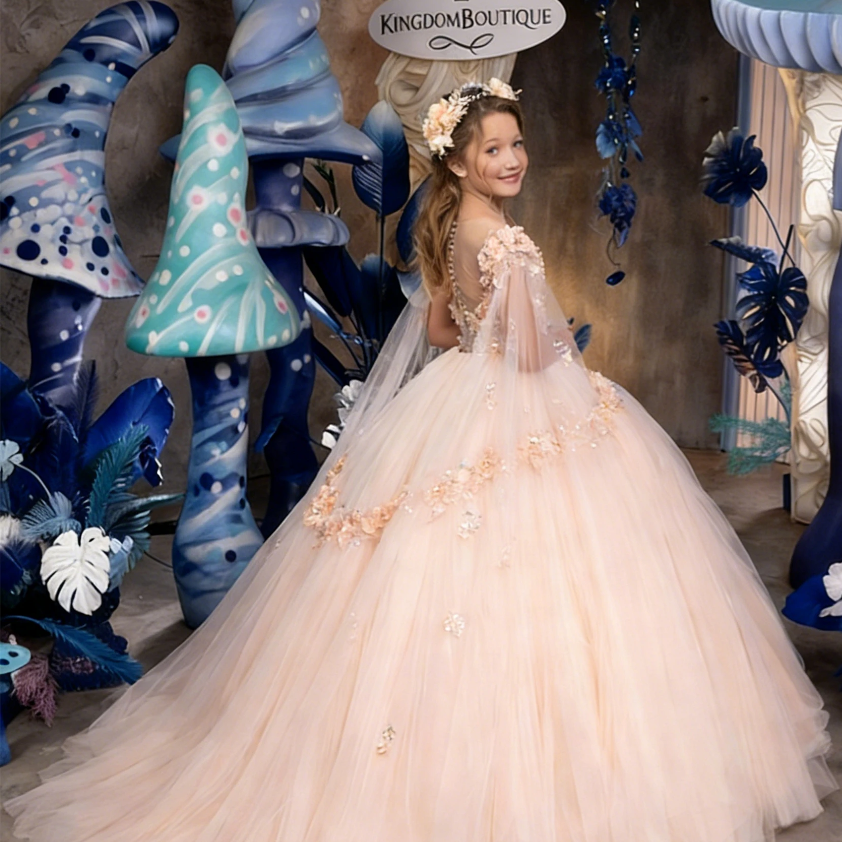Customized Flower Girl Dress For Wedding Appliques Glitter  Floor Length High Waist Elegant Kids Birthday First Communion Gown