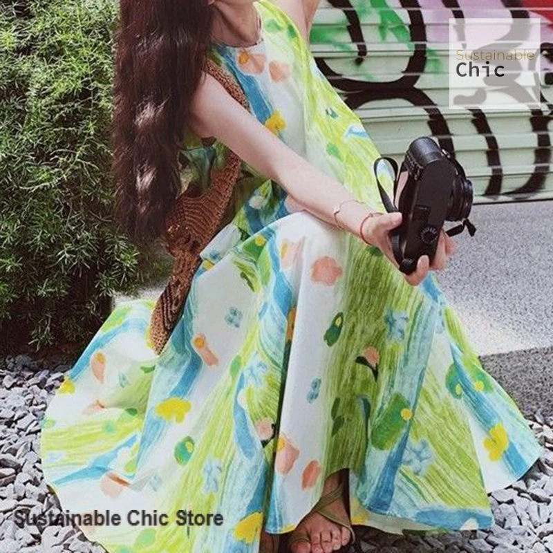 French retro dopamine graffiti college style oil painting print sleeveless dress women's summer loose casual A-word long skirt