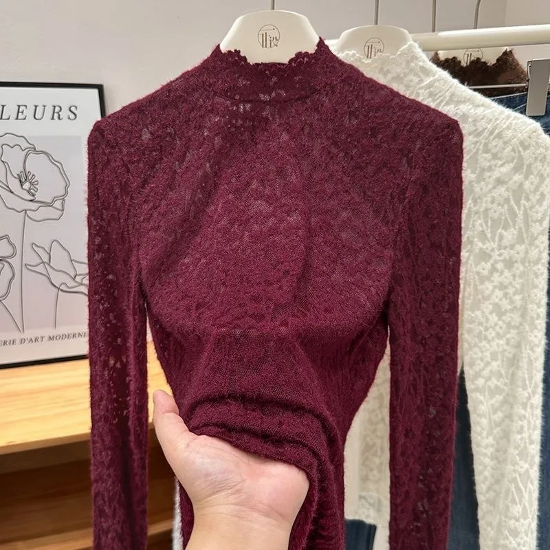 Women's Elegant Half Turtleneck Lace Base Layer Top Brushed Thick Slim Fit Inner Wear High Sense Blouse Fashionable Layering Top view 6