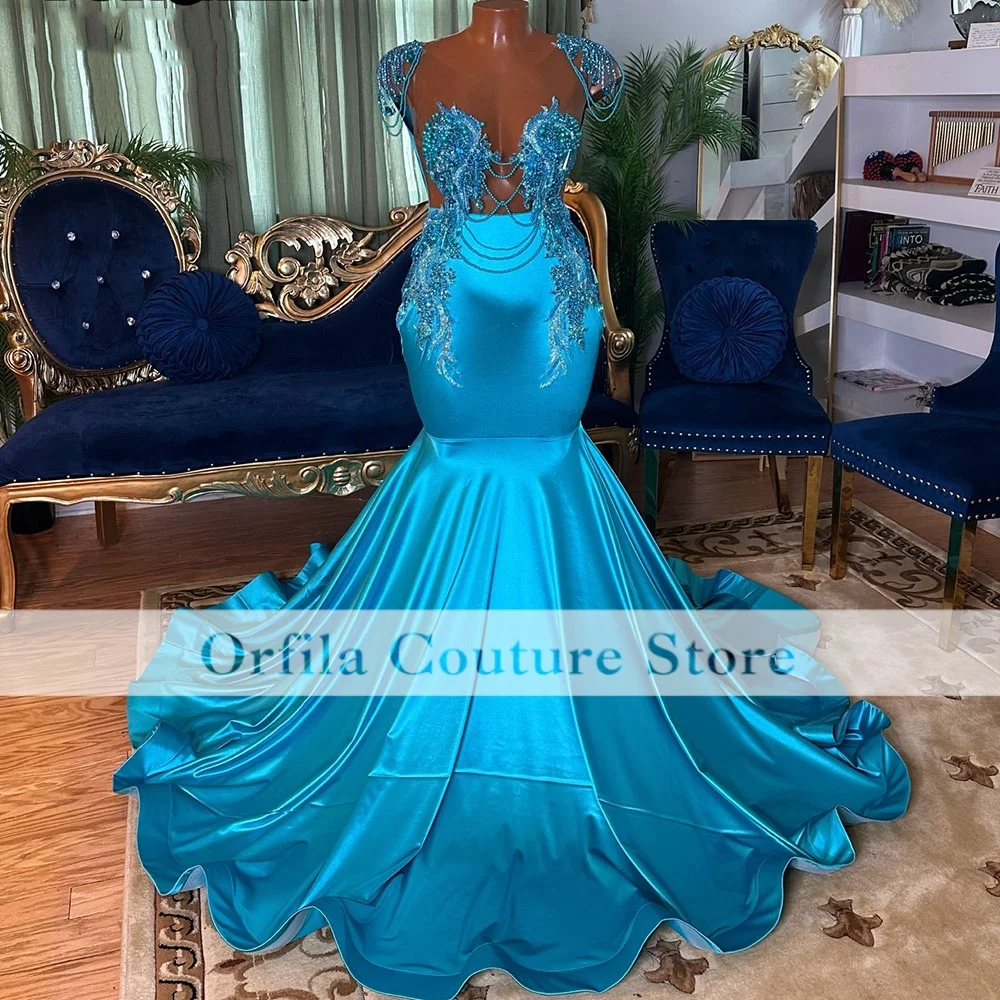 Luxury Blue Junior Prom Dresses 2026 Black Girls Beads Crystal Mermaid Party Gown For Special Customized