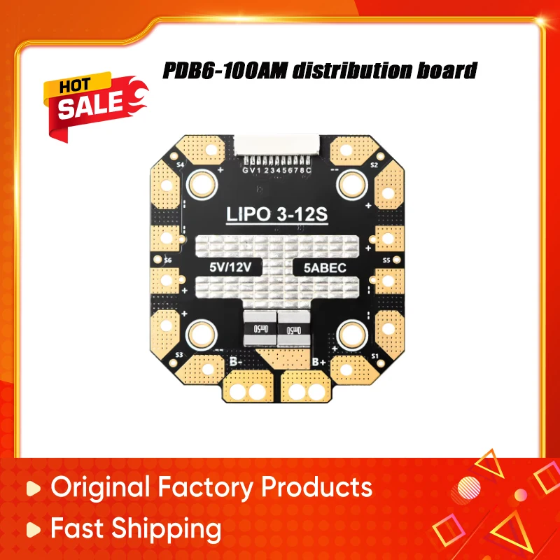 PDB6-100AM Robust Power Distribution Board Supporting 3-12S LiPo Battery Features an Onboard Ammeter BEC (5V/3A and 12V/3A)