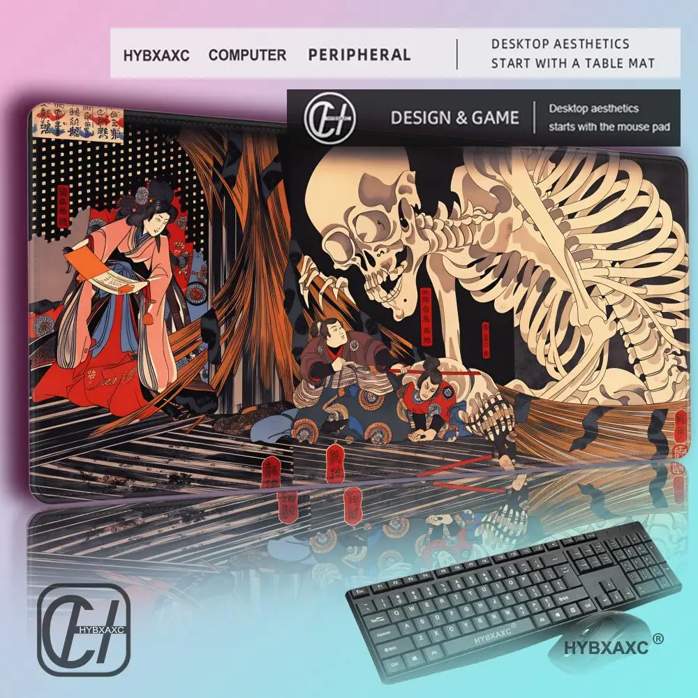 HYBXAXC Japanese Ukiyo-e Giant Skeleton MousePad, Extended DeskMat, Smooth Surface for Precision Gaming, Yokai Art Desk Decor
