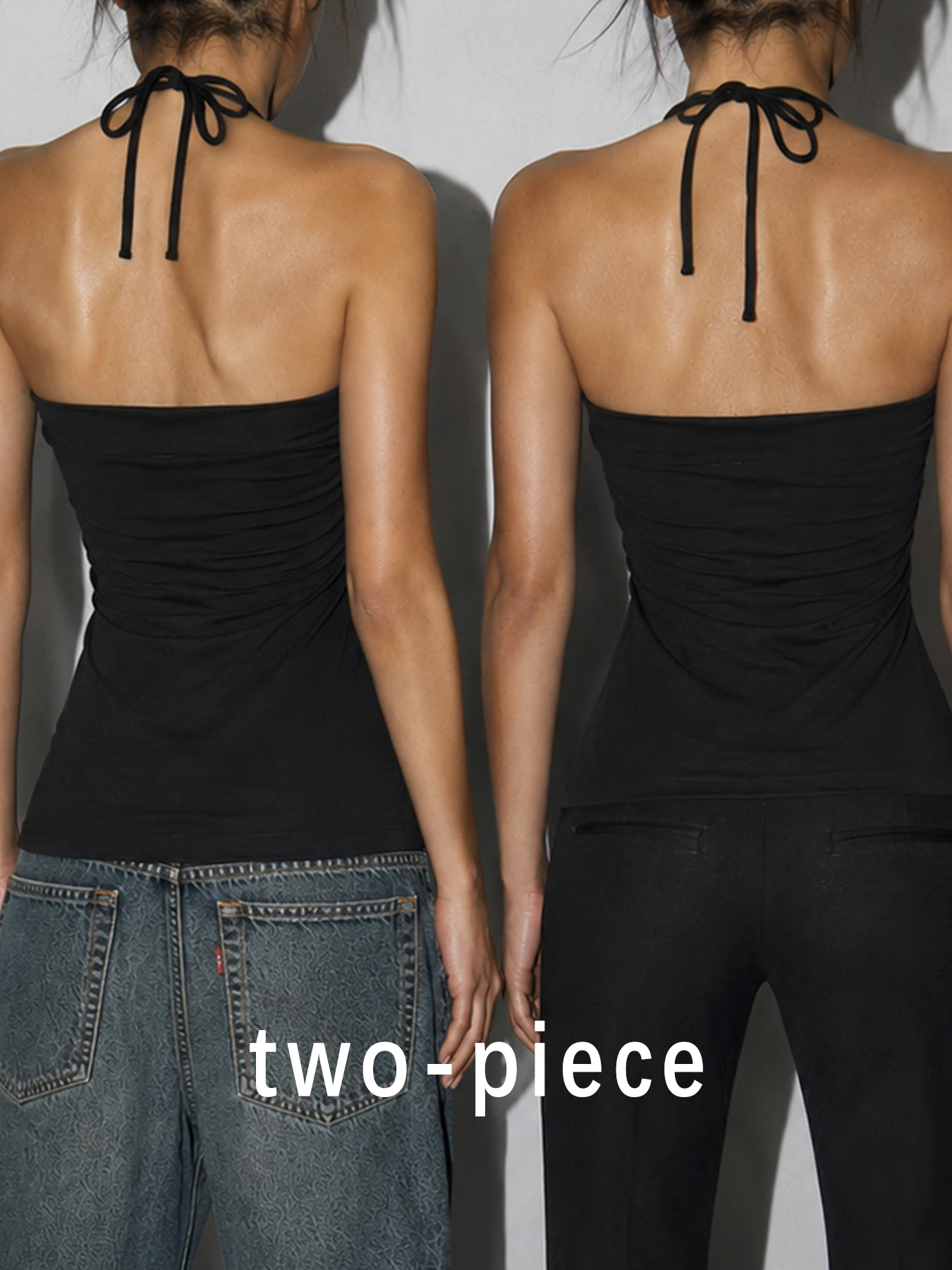 Trendy 2 Pack Halter Sleeveless Cami Top Rivet Decor & Plain Basic Vest Tie‑Back Slim Fit Gothic Punk Party Streetwear Tops Set