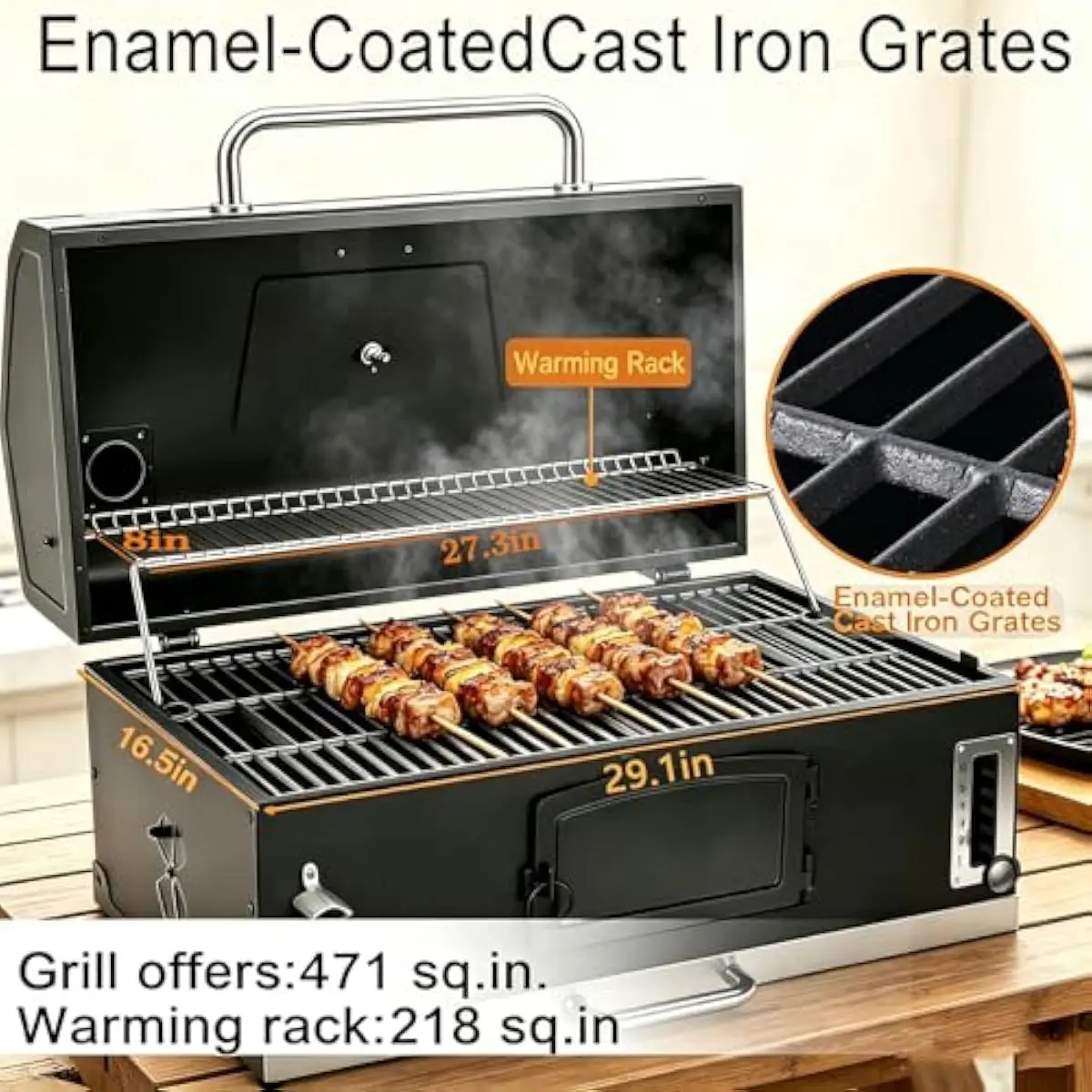 Large Outdoor Charcoal Grill with Adjustable Height Cooking Surface Cast Iron Grates 480 Sq In Cooking Area Liftable Coal Tray B