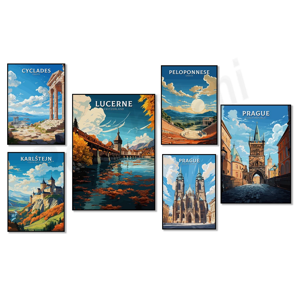 1pc frameless Canvas Painting Valais, Lucerne, Karlstein, Prague, Rome, Greek Cyclades, Peloponnese, Thessaly, Lucerne, Thessalo