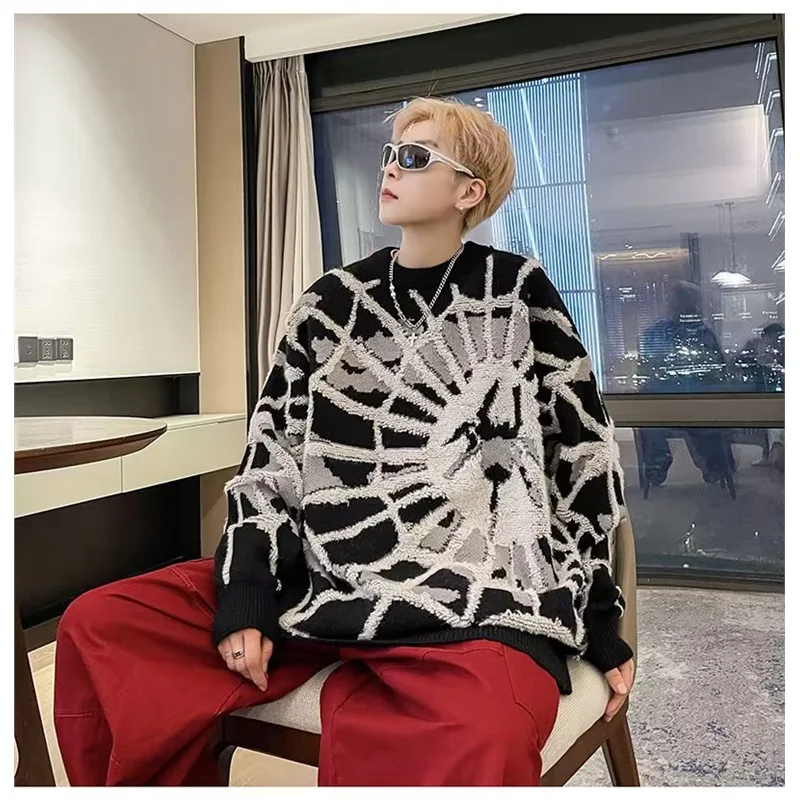 เสื้อสเวตเตอร์ผู้ชายไซส์ใหญ่ 300 ปอนด์ ลายปักแมงมุม สไตล์วินเทจ ดีไซน์สตรีทแฟชั่น ทรงหลวม สไตล์ลำลอง ถักนิตติ้ง