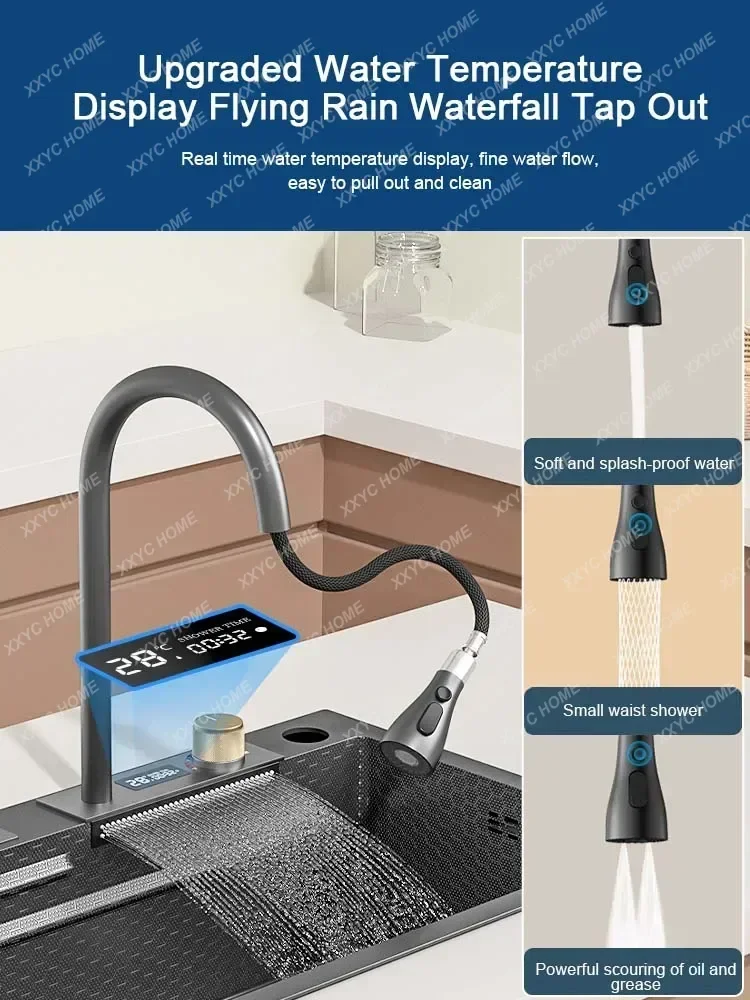 Digital Embossed Flying Rain Waterfall Flume Nano 304 Stainless Steel Large Single Trough Kitchen Household Vegetable Basin