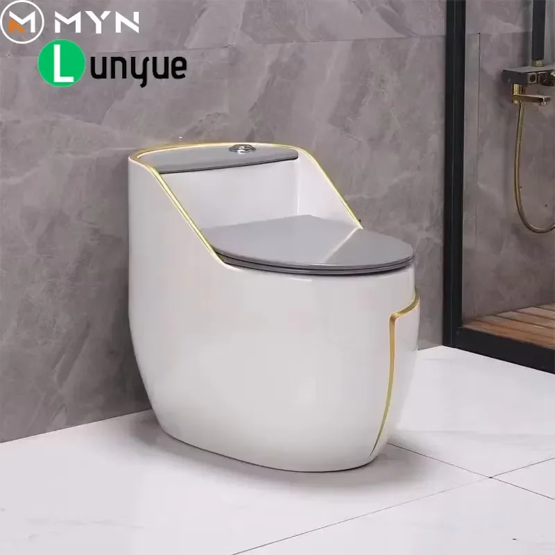 Luxury Egg Shaped One Piece Ceramic Toilet White Gray with Gold Line P Trap Modern Bathroom