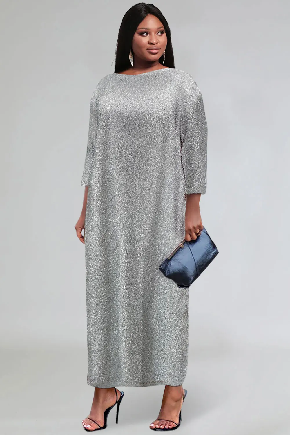 Women Loose Plus Size Formal Maxi Dresses Elegant Silver Straight Dress Crew Neck 3/4 Sleeve Glitter Fabric Maxi Dresses 2024