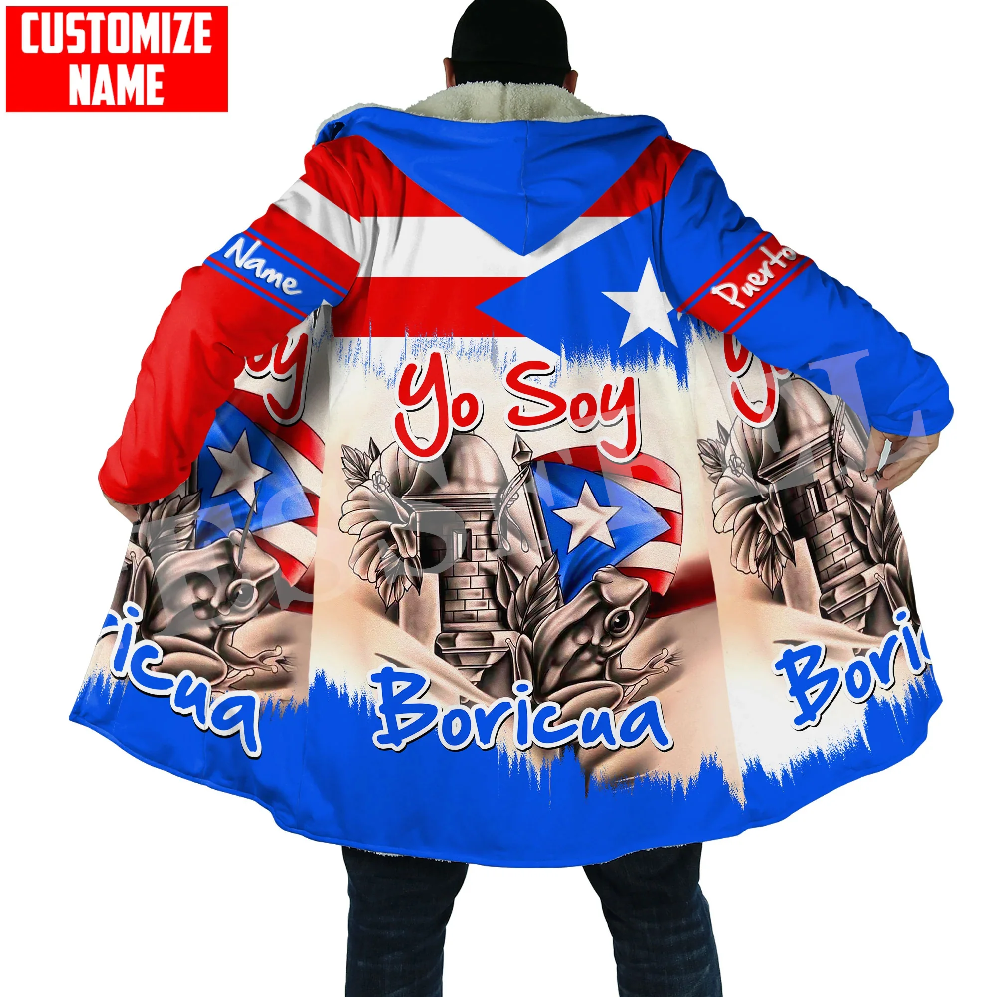 

Custom Name Puerto Rico Boricua Country Tattoo Retro Vintage 3DPrint Harajuku Winter Windbreaker Warm Coat Hood Cloak Overcoat A