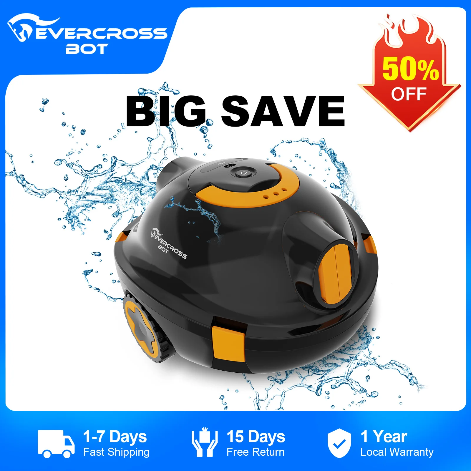 EVERCROSS BOT Y10 Robots de piscina, limpieza de suelos de 100 min, área de limpieza 120m 2, función de autocaravana, filtro de 180 μm