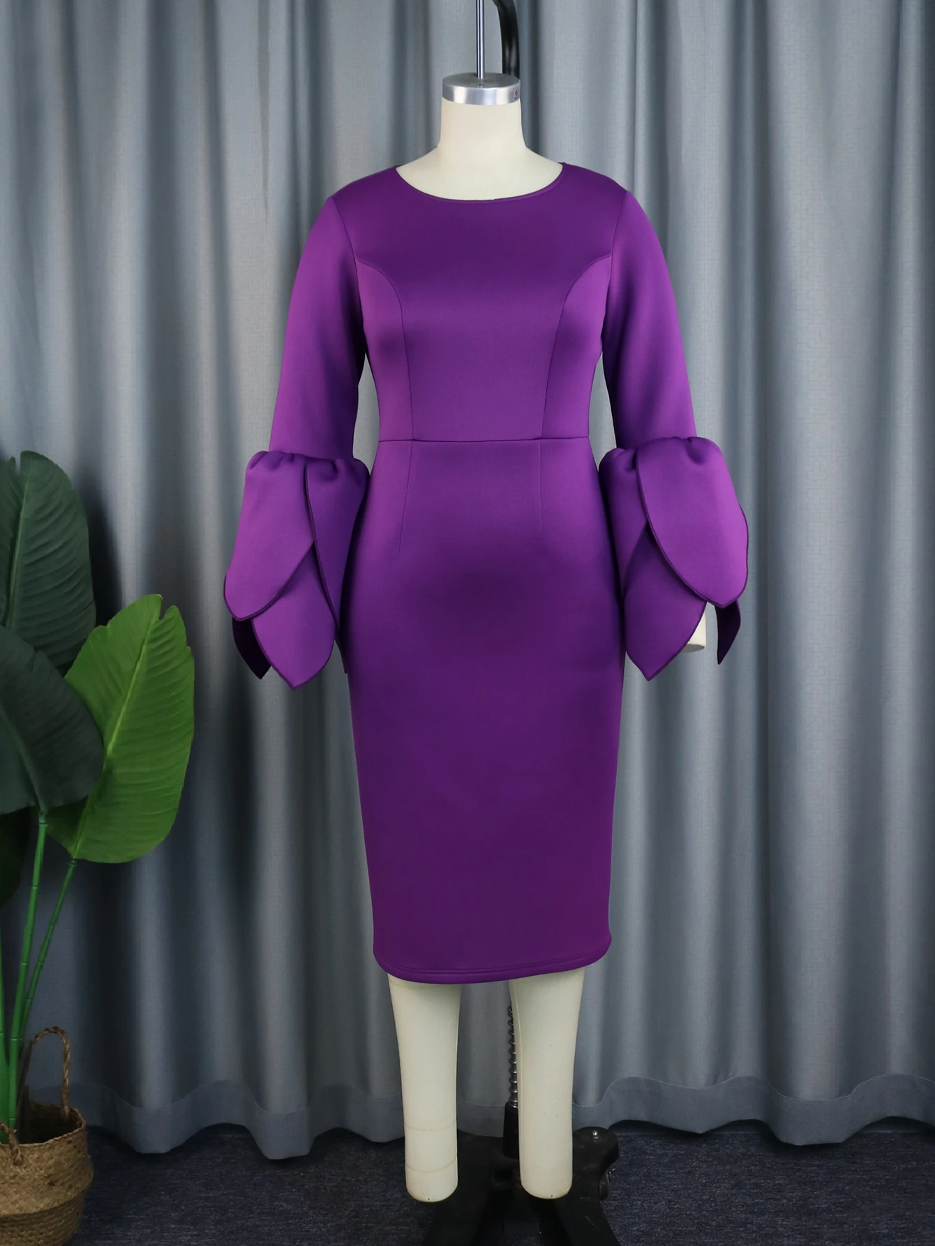 Vestido Midi roxo para mulheres, tamanhos grandes, gola O, manga comprida com babados, elegante, ocasiões formais, convidados de casamento, vestidos de noite