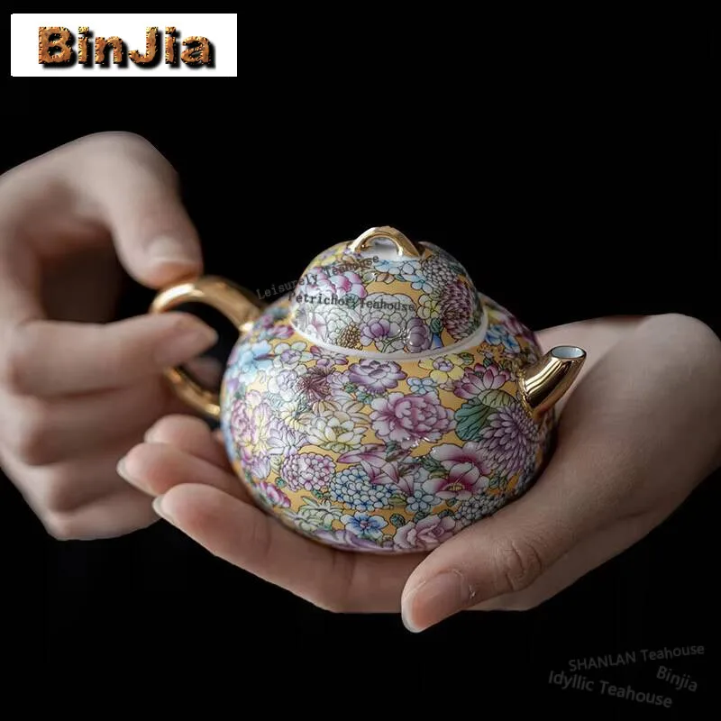 

150ml Chinese Enamel Colored Teapot Handamde 999 Pure Silver Gilded Pot Tea Making Kettle Aesthetic Teaware Accessories Gift