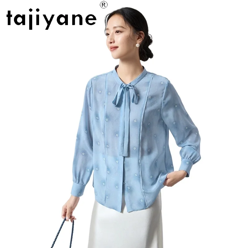 

TAJIYANE 15MM 100% Mulberry Silk Shirts for Woman Elegant Blue Floral Tie Neck Blouse Office Shirt Spring Women Clothes 2026 셔츠