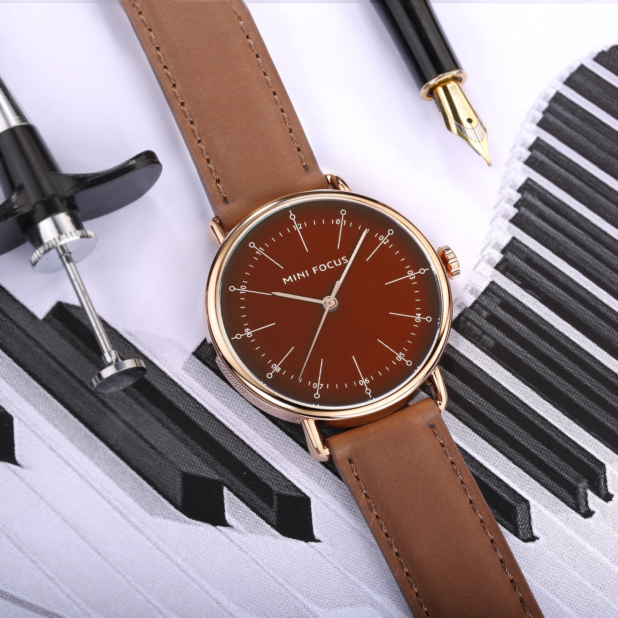 Mini Focus MF0056G Classic Quartz Watches Brown Genuine Leather Strap Waterproof Japan Quartz Movement Men Watch