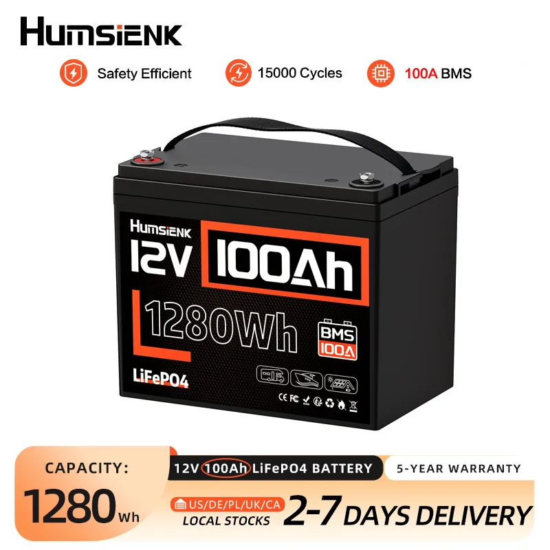 Humsienk 12V 100AH LiFePO4 Battery, Built-in 100A BMS, 15000+ Deep Cycle, Low-Temp Protection, Rechargeable Lithium Battery for RV, Van, Golf Cart, Boat, Camper, Marine, Trolling Motor, Off-Grid, Solar Energy Storage, 5-Year Warranty, Size GP24