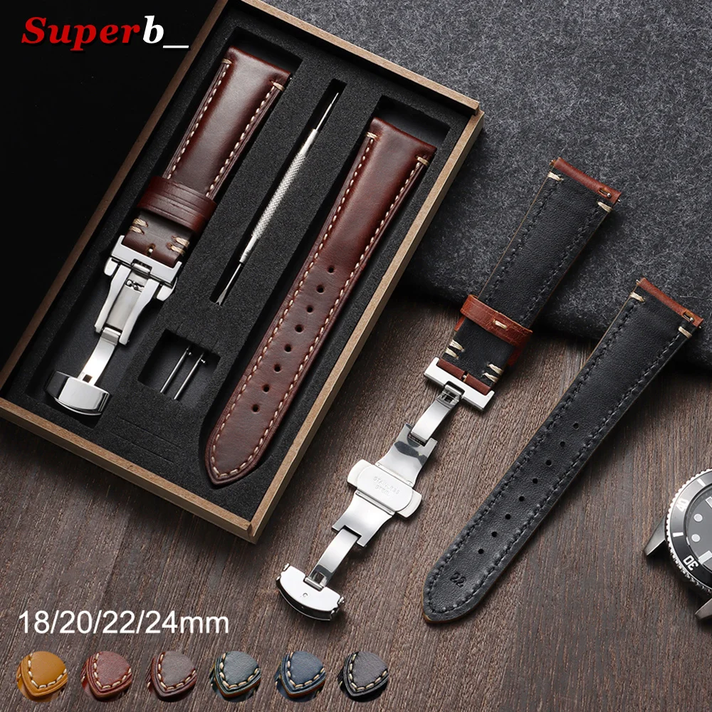 Butterfly Buckle Vintage Soft Oil Wax Watch Band 20mm 22mm 24mm Universal Cowhide Watch Strap Quick Release Watchband for Omega