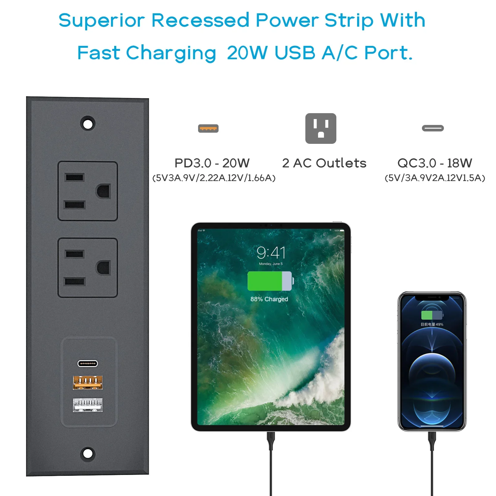 Recessed Power Strip with 20W USB C Port Conference Recessed Power Outlet Socket Fast Charging 3.0 3A USB-A Desk Outlet