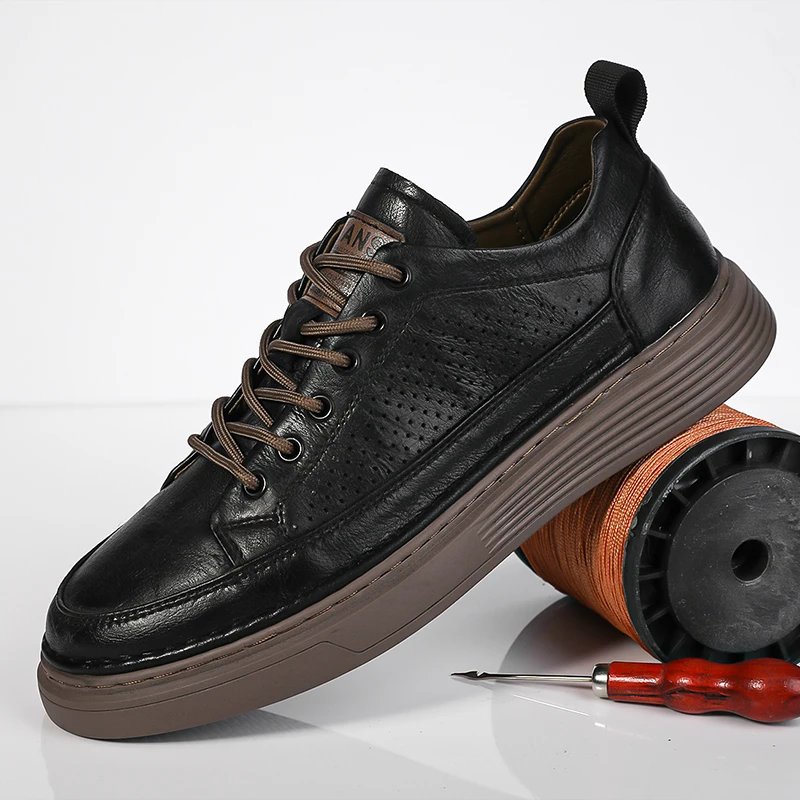 

2023 Summer Men Leather Shoes Breathable Fashion Casual Low Shoes Leather Flat Shoes Comfortable New Mens Sneakers