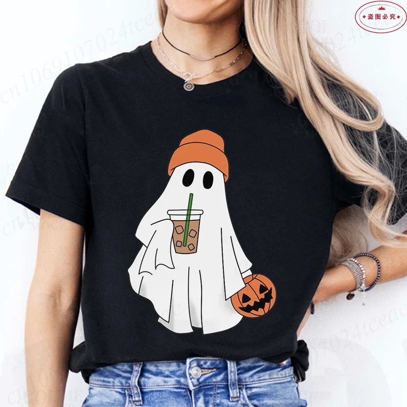 Little Boo Drinking Coffee Women T-Shirts Fashion Halloween Party Spooky Season Shirt Harajuku Graphic Tops Casual Streetwear