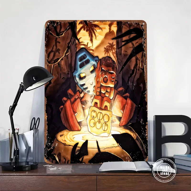 Bionicle Masks in Jungle Setting Personalized 3D Textured Metal Poster Wall Art Tinplate Sign for Apartment Decoration Room Home