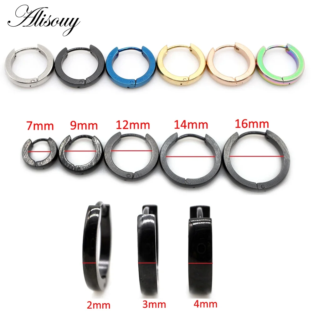 Alisouy 2PC Women Men's Stainless Steel Small Hoop Earrings Polished Gold Color Black Color Selection 2/4mm Width