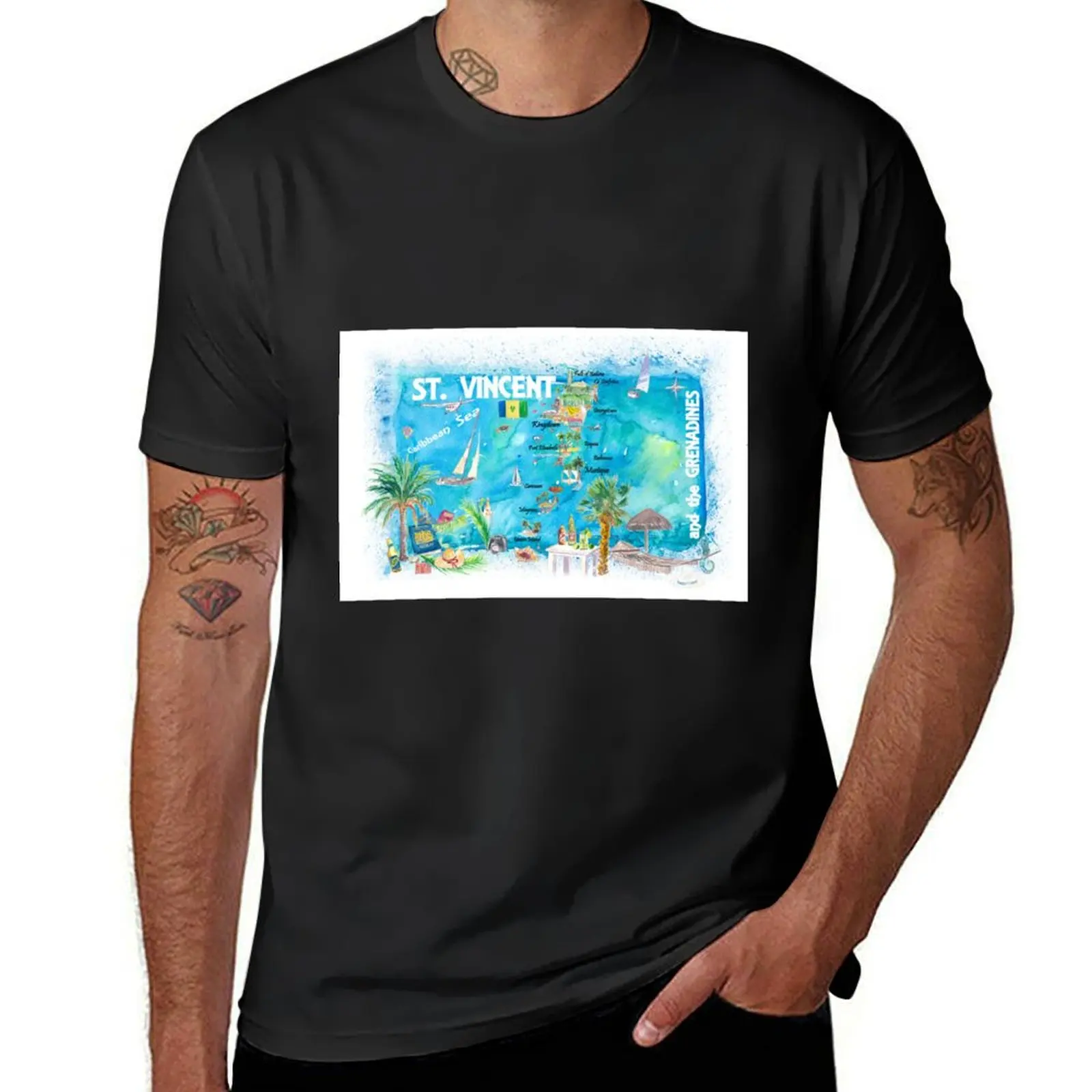 St Vincent Grenadines Antilles Illustrated Travel Map with Roads and Highlights T-Shirt summer tops mens graphic t-shirts