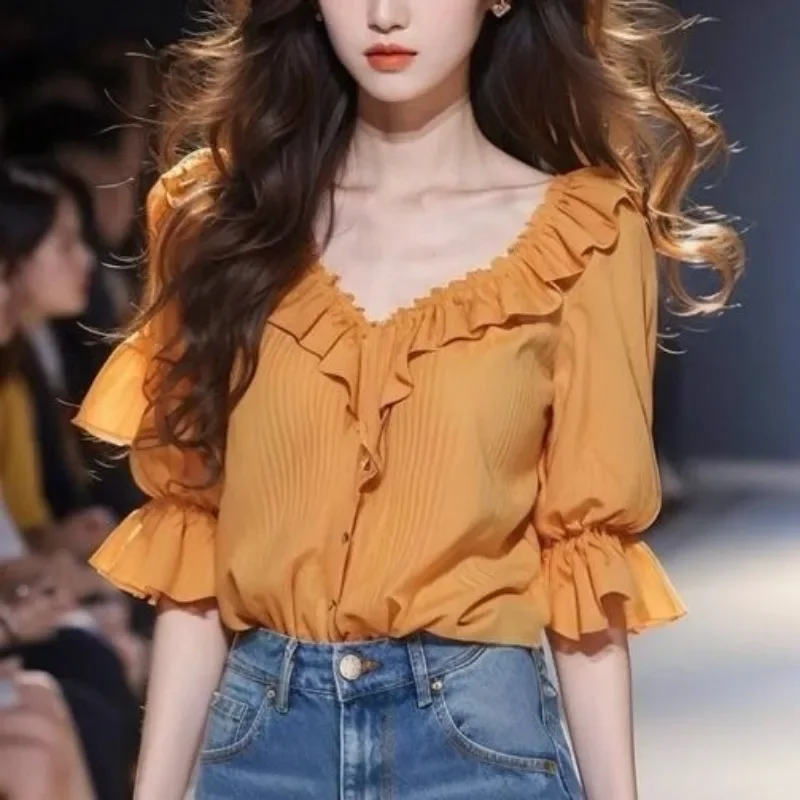 2024 Summer New Women Solid Color Romantic Chic Blouses Spliced Ruched Ruffles V-neck Single-breasted Commute Short Sleeve Shirt