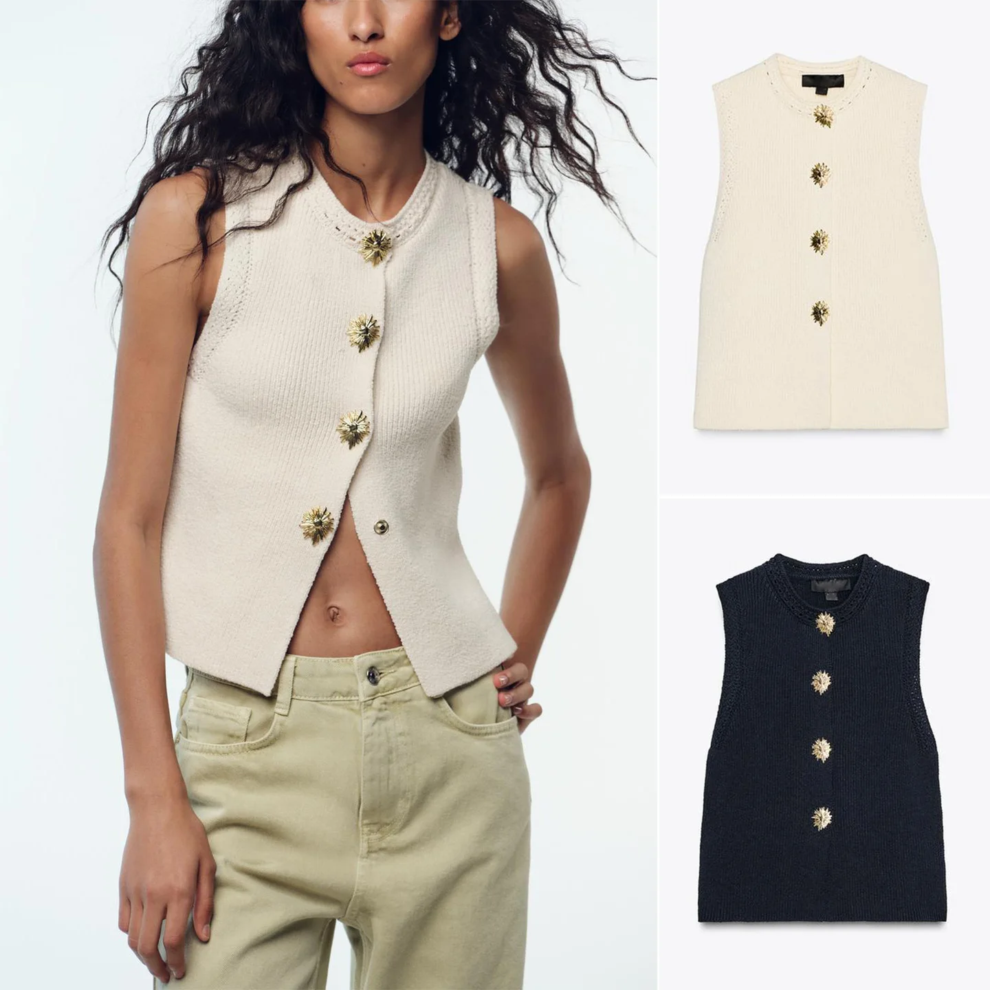 

Gold Plated Button Knitted round Ne Svel Vest Sle Top Simple Design Ultra ort Length Single Button Closure Pure C...