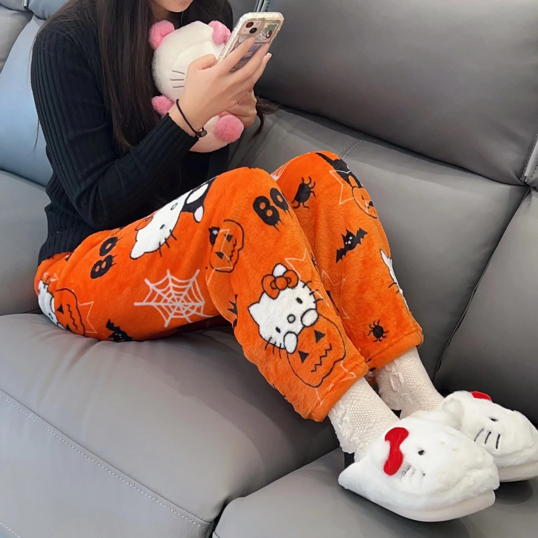 Cool Sanrio Halloween Hello Kitty Pumpkin Kt Cat Flannel Pajama Pants Women\'s Autumn Warm Casual Homewear Girl Graffiti Pant