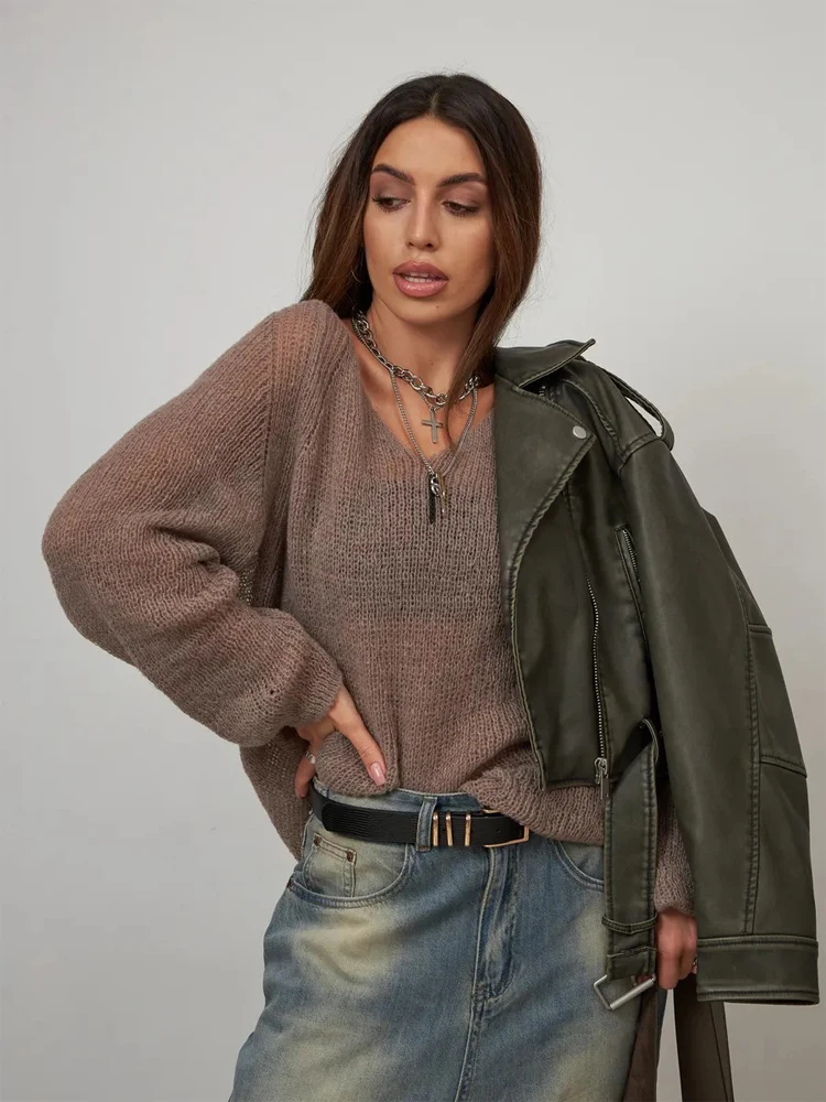 Chic V-neck See Through Sweater Women Sexy Full Sleeve Loose Lightweight Knitted Pullover Lady 2026 Spring Street Pullovers