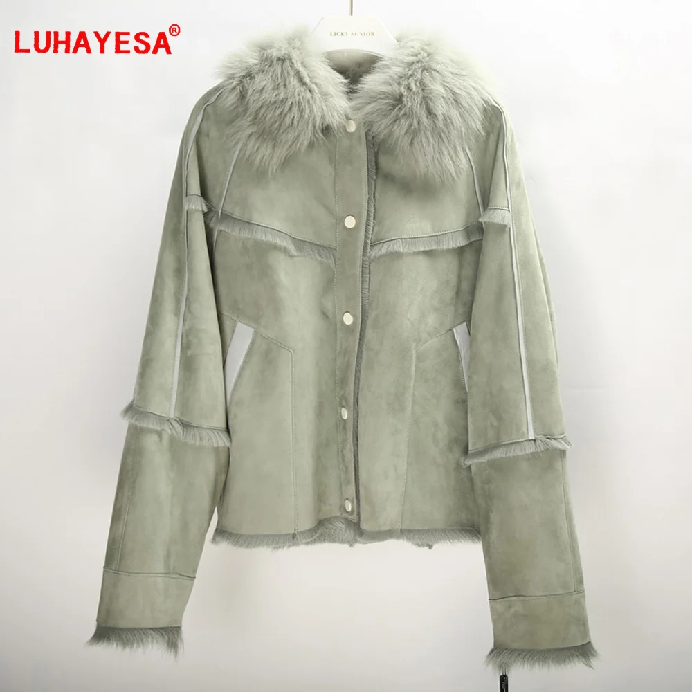 

2023 LUHAYESA Goat Skin Leather Shearling Fur Clothes Women Real Lamb Fur Jacket Green Slim Real Fur Coat