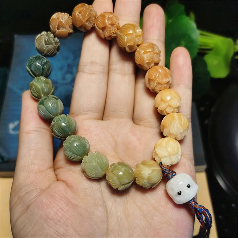 Rainbow Gradient Bodhi Seed Tibetan Buddhist Bracelet Prayer Beads Carve Lotus Bracelet & Bangles Rosary Women Men Wood Jewelry