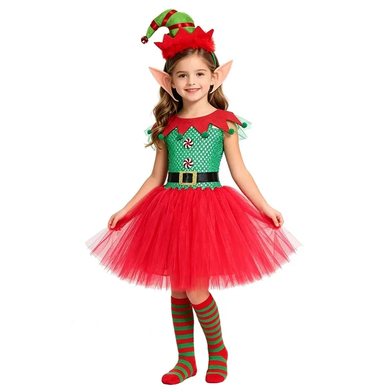 

Christmas Elves Princess Dresses for Girls Red Green Xmas Holiday Clothes Kids New Year Ballet Tutus Children Carnival Outfits
