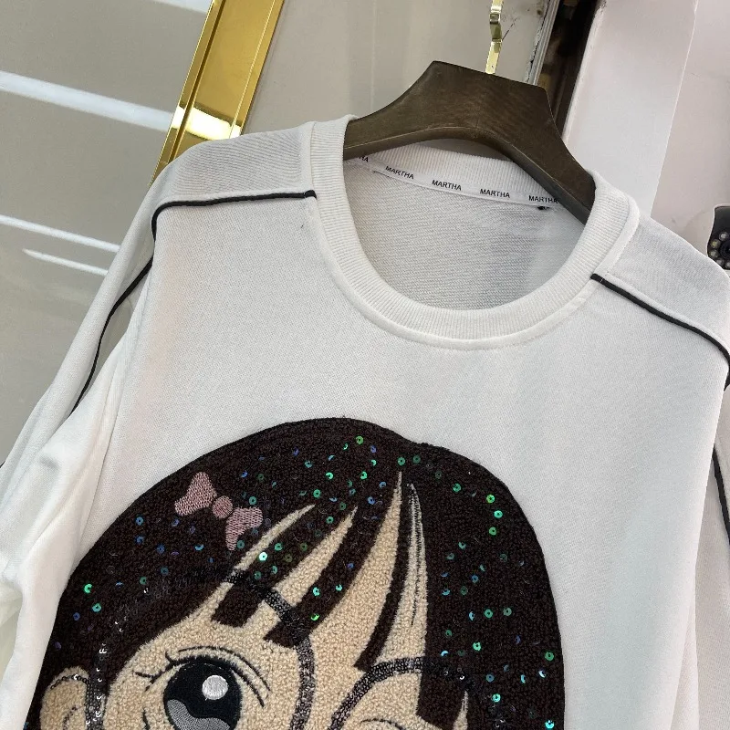 European Style Trendy Brand Patchwork Cartoon Girl O-Neck Long Sleeves Sweatshirt Loose Fit Oversized Top Women's Autumn Hoodies