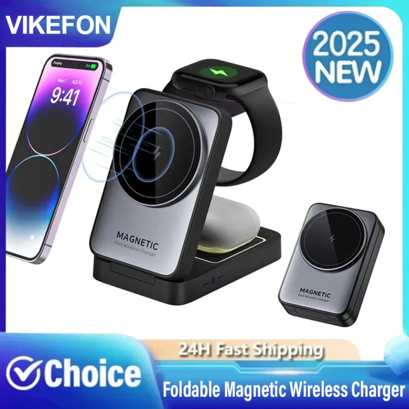

Magnetic Wireless Charger Stand 3 In 1 Foldable Fast Charging Station For Magsafe iPhone 16-12 Pro Apple Watch 2-8 Airpods Pro
