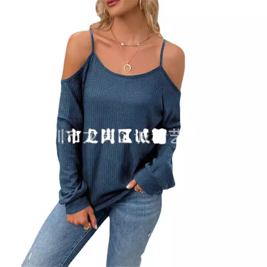 2024 Summer New Comfortable Casual Long Sleeve Waffle One Shoulder Suspender Tops for Women