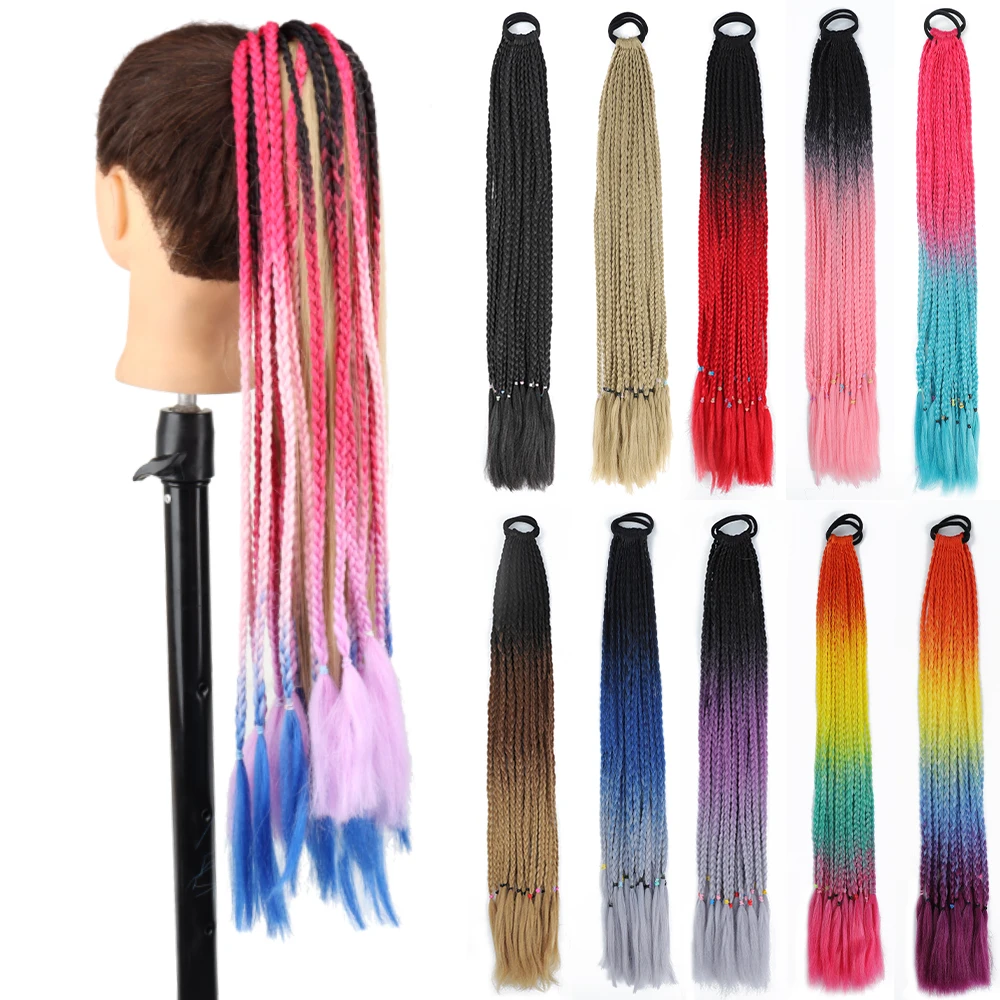 AZQUEEN Synthetic Braided Braid with Elastic 24 Inch Colorful Gradient Dirty Braids Wig Hair Extensions for Kids Braided Braids