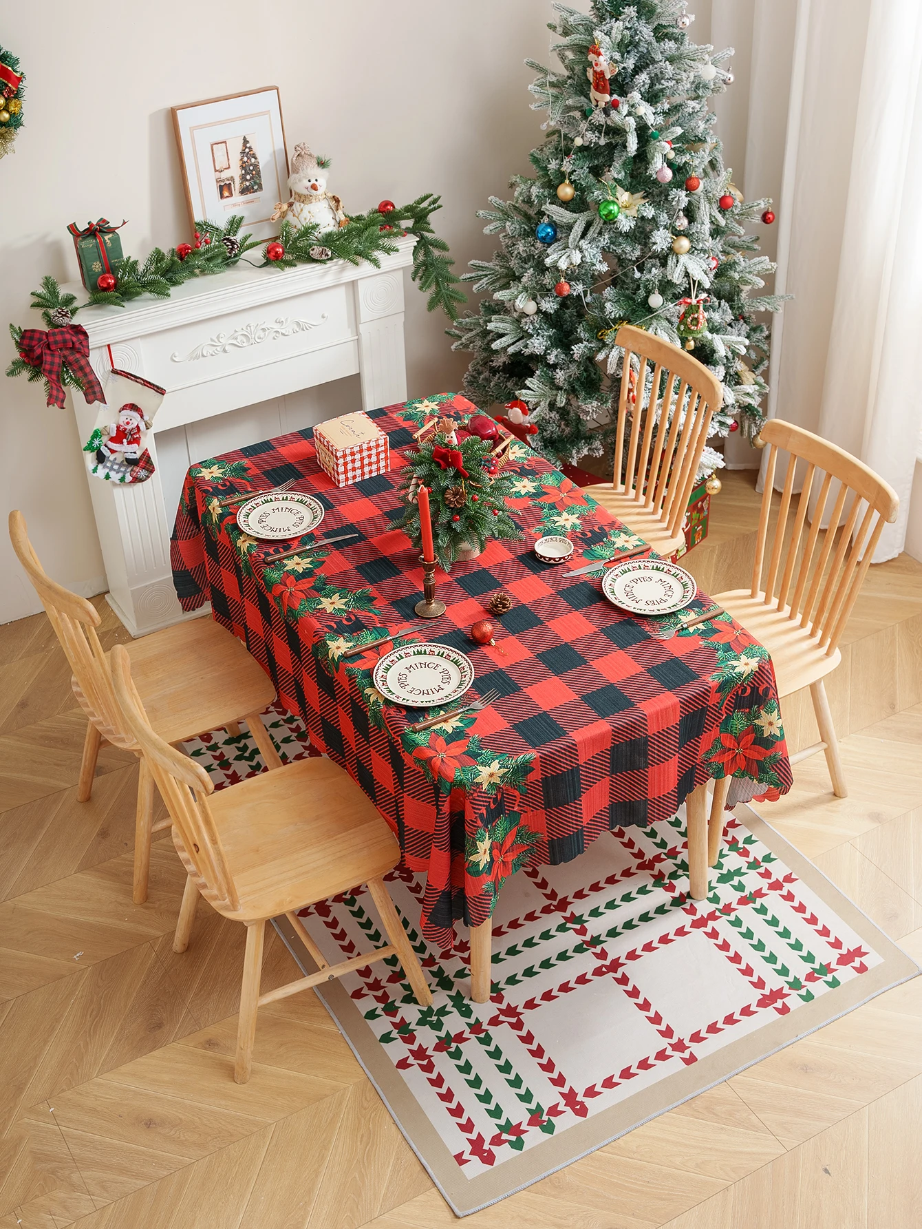 American Christmas Floral Print Tablecloth Festive Atmosphere Dining Table Living Room Kitchen Coffee Table Decorative