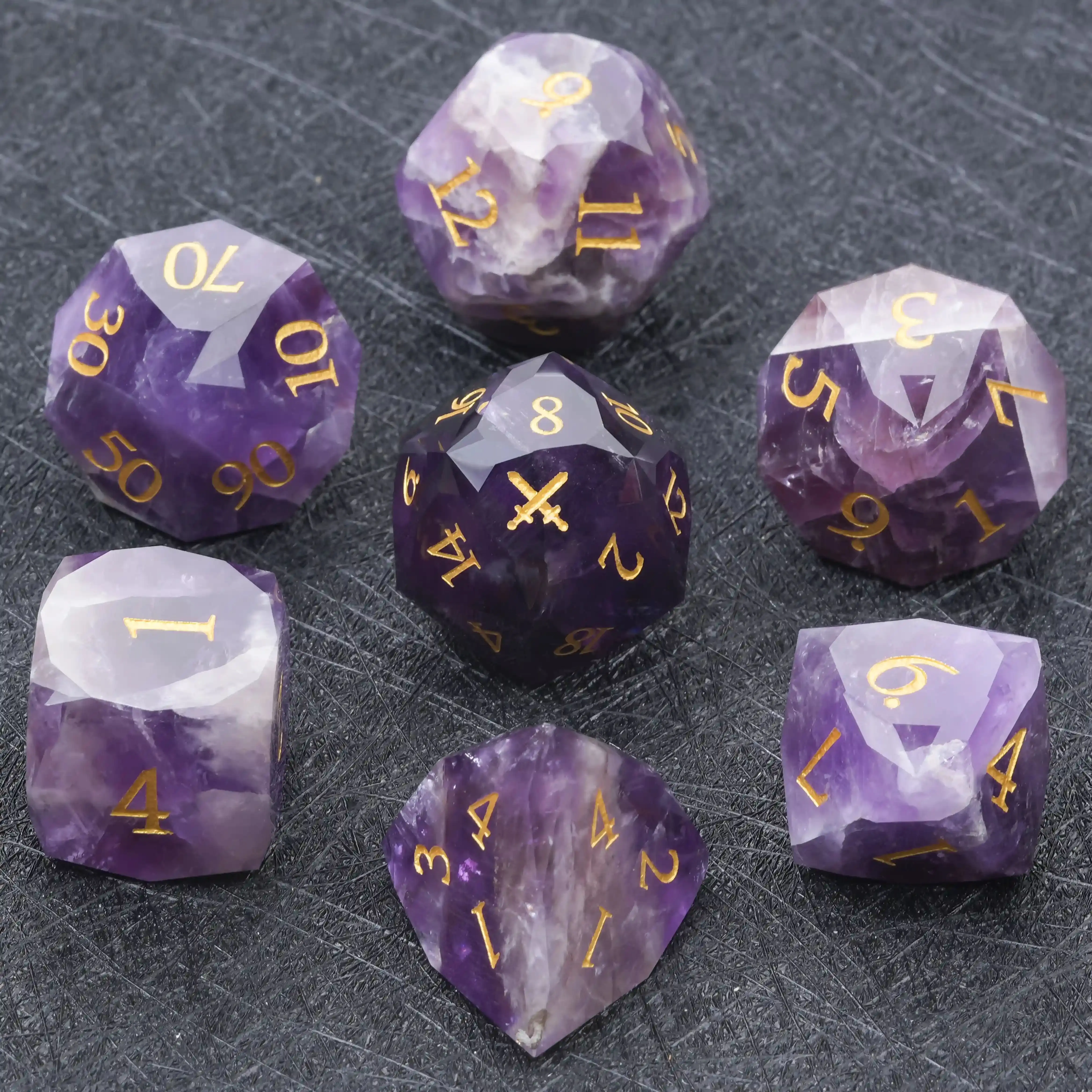 1-7pcs Gemstone Dice Set Golden Word Purple DND Dice Multi-sided Polyhedral Dice for D&D Game COC Role Playing RPG Table