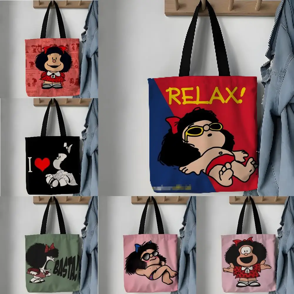 Bolsas de almacenamiento, bolso de mano con patrón, bolso de hombro de lona estético, bolso de compras ligero, dibujos animados de Quino, chica linda, Mafalda-M