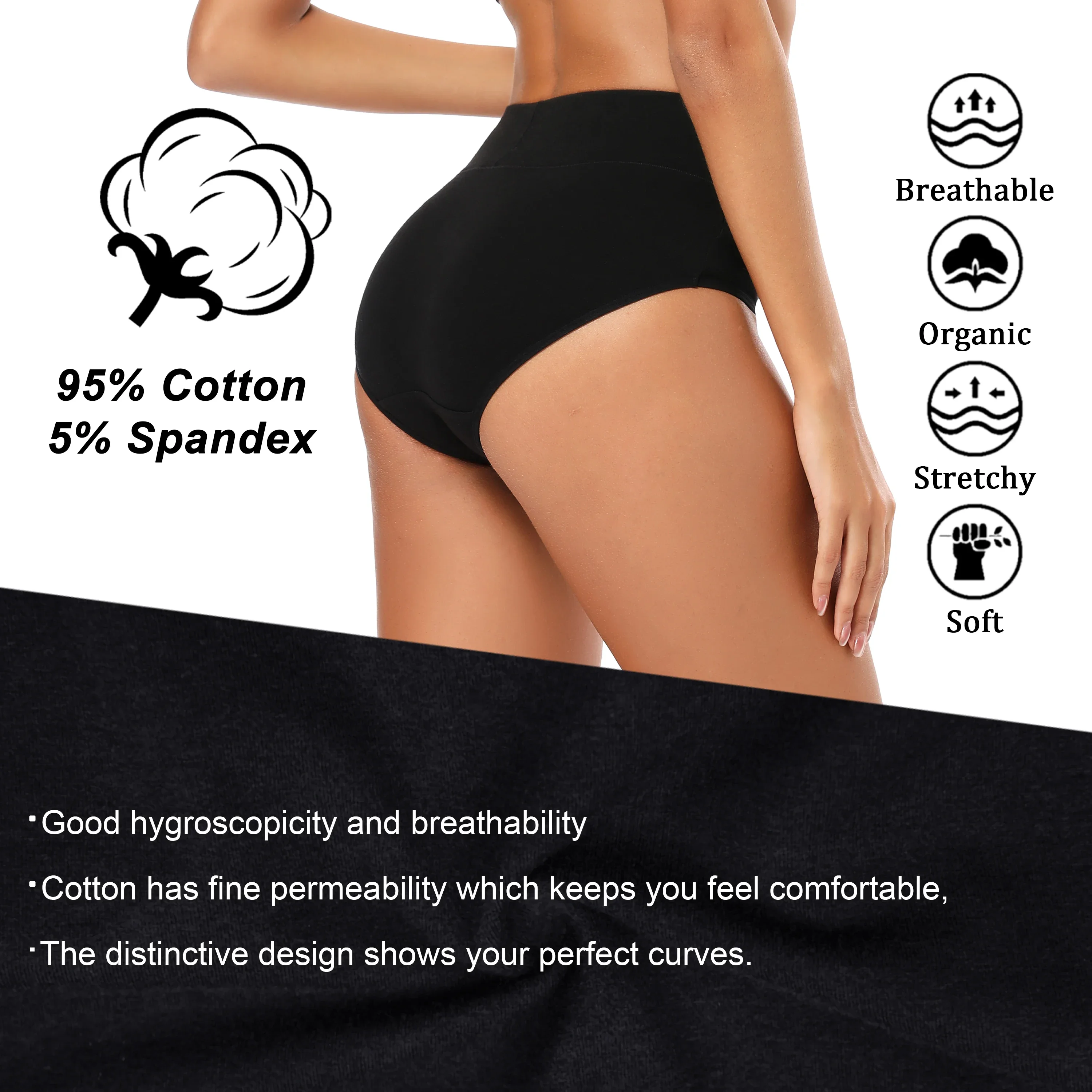 Molasus 5pcs Women\'s Soft Cotton Underwear Briefs High Waisted Postpartum Panties Ladies Full Coverage Underpants Black 5X-Large