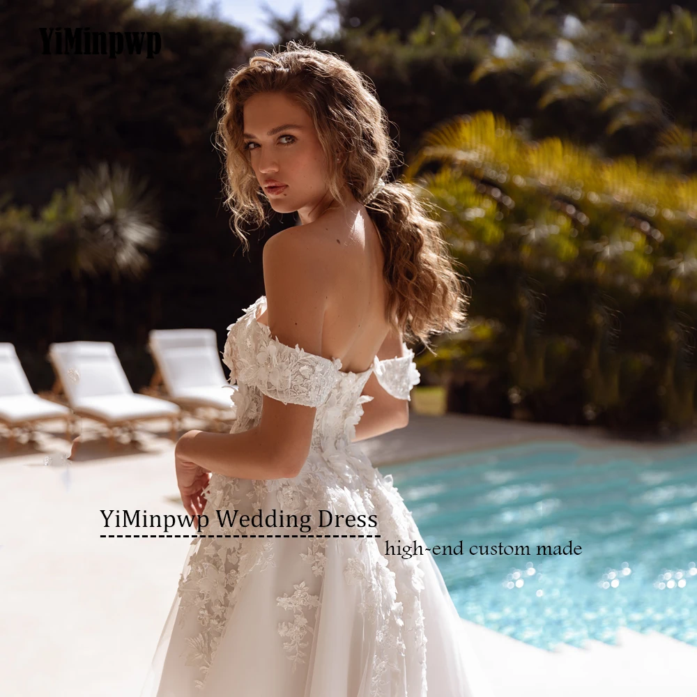 Fiori Abito da sposa 2025 Donne con spalle scoperte Scollo a V Applique Backless Abiti da sposa A-Line Tulle abiti da sposa Personalizzato
